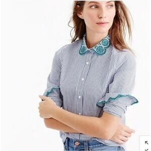 J. Crew Perfect Button Down Shirt Eyelet Trim Striped Sz 0 Blue Green Cotton